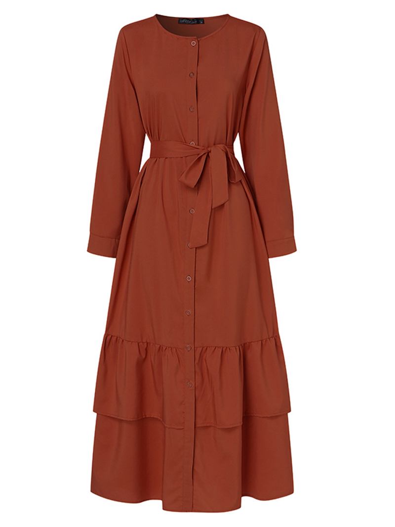 Kvinnor Knapp Fram O-neck Tiered Volanger Fåll Bältade Kaftan Maxi Klänningar