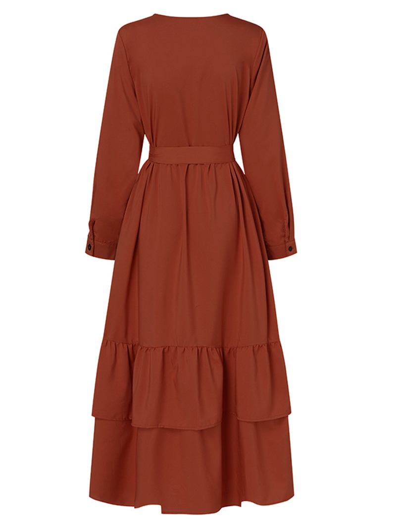 Kvinnor Knapp Fram O-neck Tiered Volanger Fåll Bältade Kaftan Maxi Klänningar