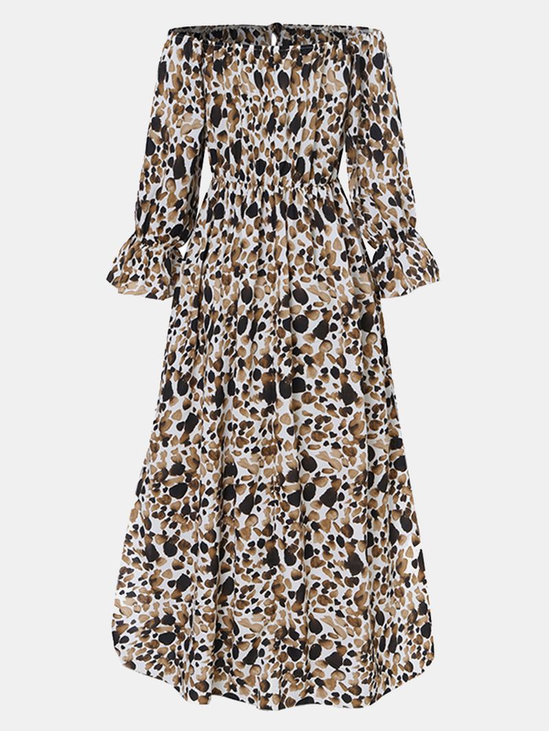 Kvinnor Leopard Off Shoulder Lår Split Casual Långärmad Maxiklänningar