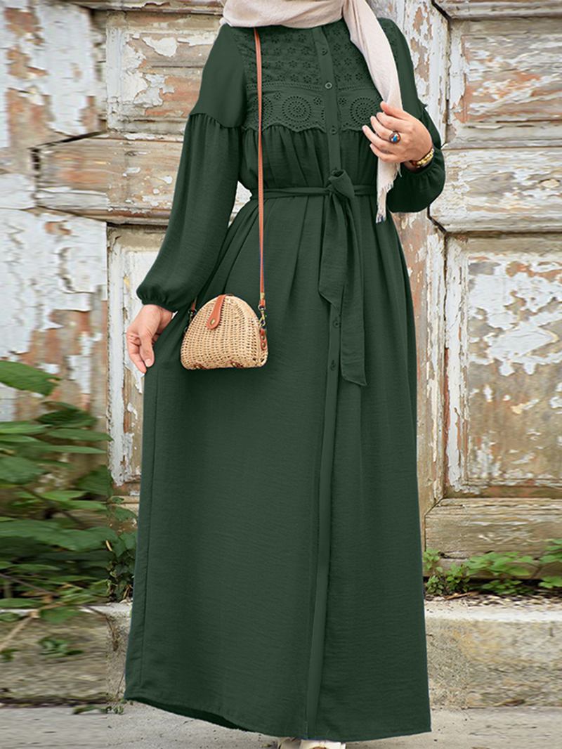 Kvinnor Spetskanter Patchwork Solid Vintage Lace-up Långärmad Casual Dress