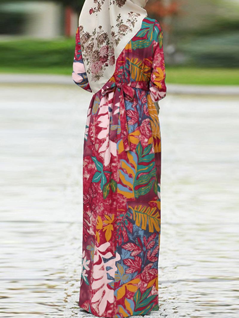 Kvinnor Vintage Blommor Med Tryck Puff Sleeve Lace-up Bohemian Maxi Dress