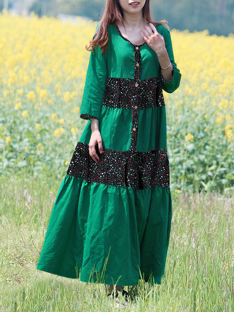Vintage Med Tryck Patchwork Knapp 3/4 Ärm Maxiklänning