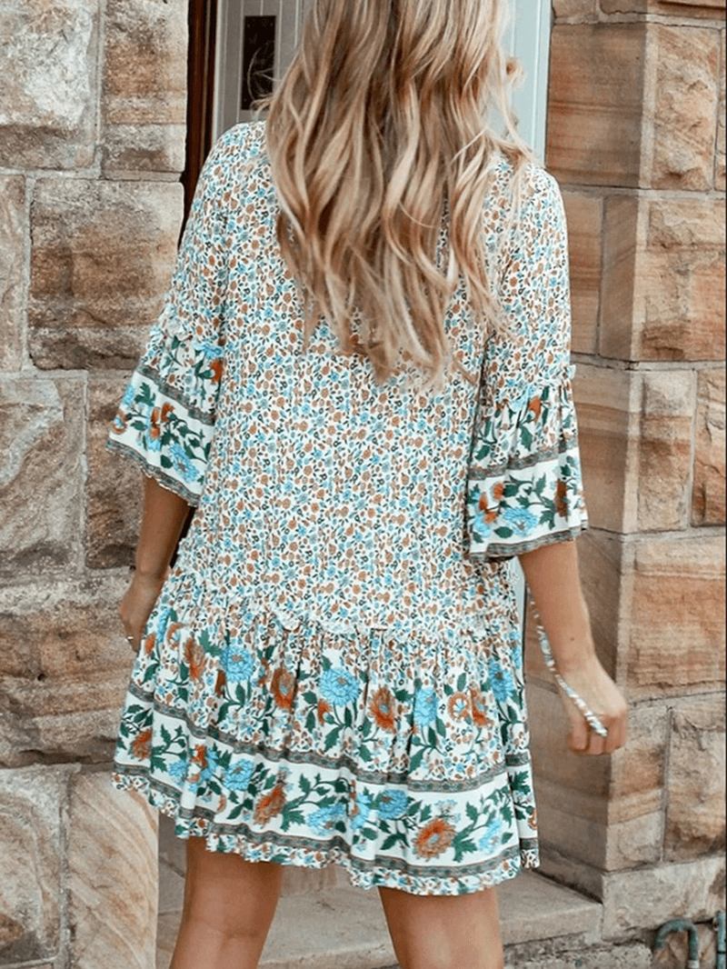 Bohemian Blommönster V-ringad Summer Beach Mini Klänning