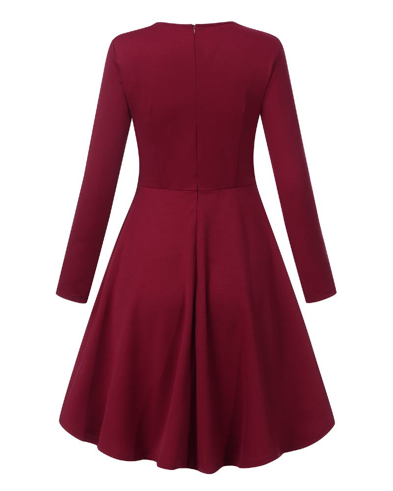 Dam Elegant Långärmad Lace Patchwork Midi A Line Klänning