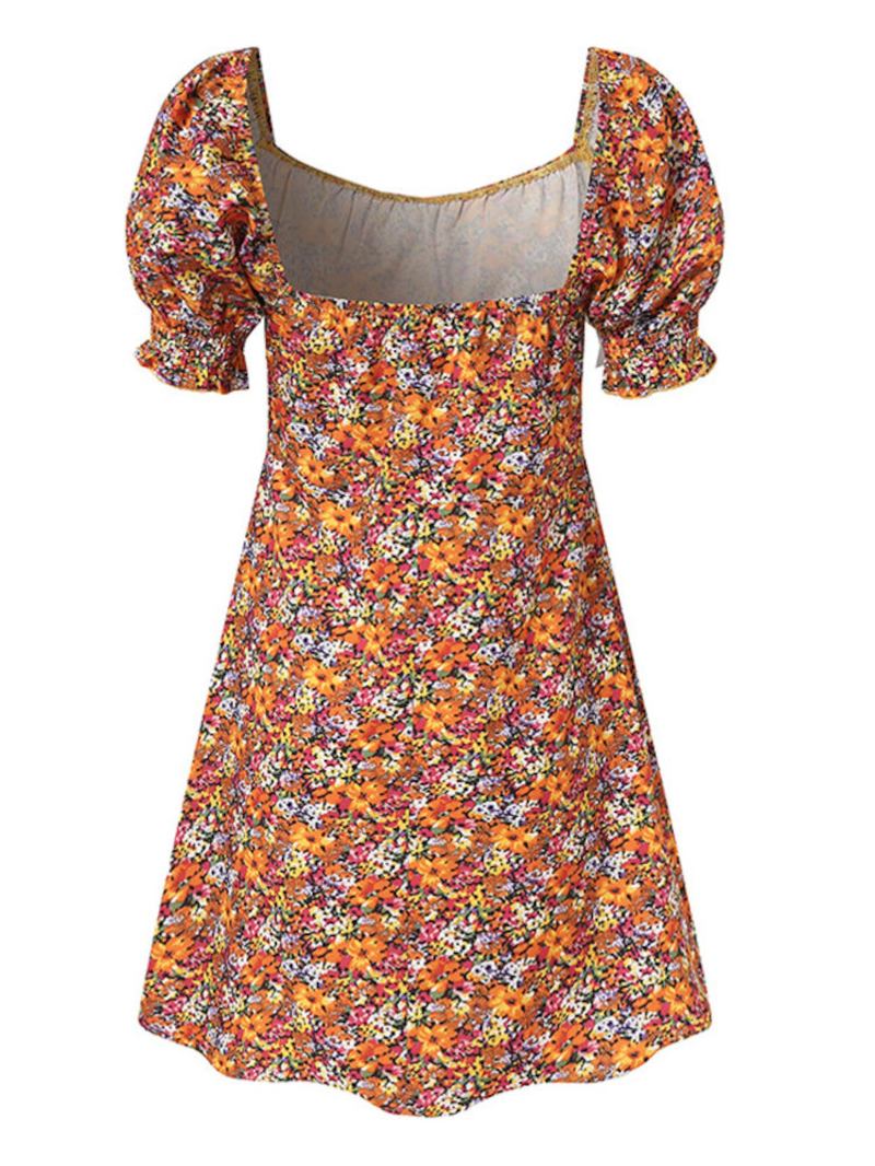 Dam Maid Square Neck Puff Sleeve Blommig Plisserad Mini Klänning