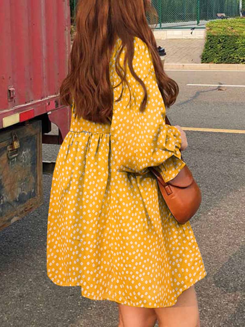 Kvinnor Blommönster Veckning Volanger Ärm O-hals Casual Holiday Mini Klänning