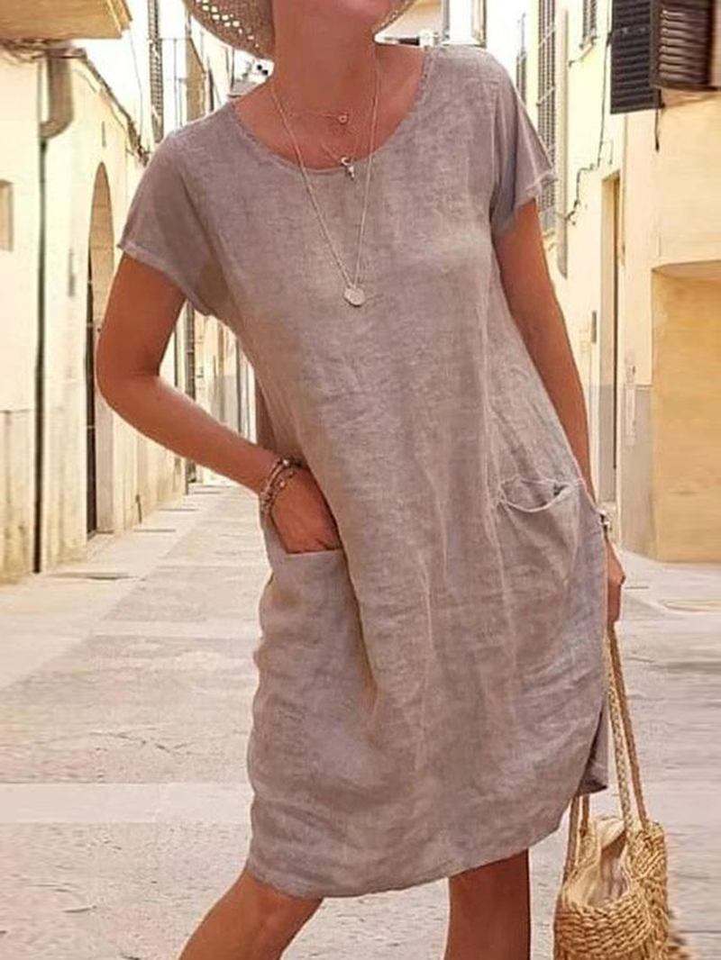 Kvinnor Enfärgad Casual O-neck Kortärmad Miniklänning Med Fickor