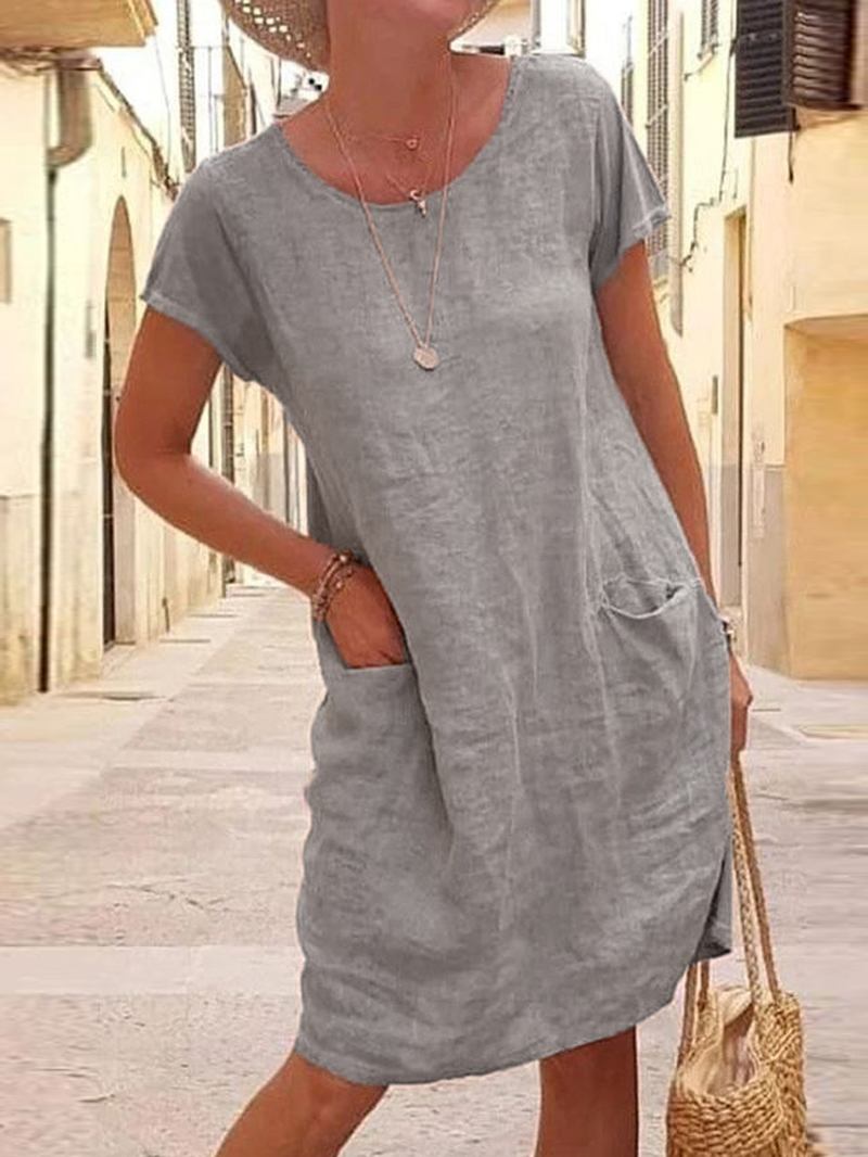 Kvinnor Enfärgad Casual O-neck Kortärmad Miniklänning Med Fickor
