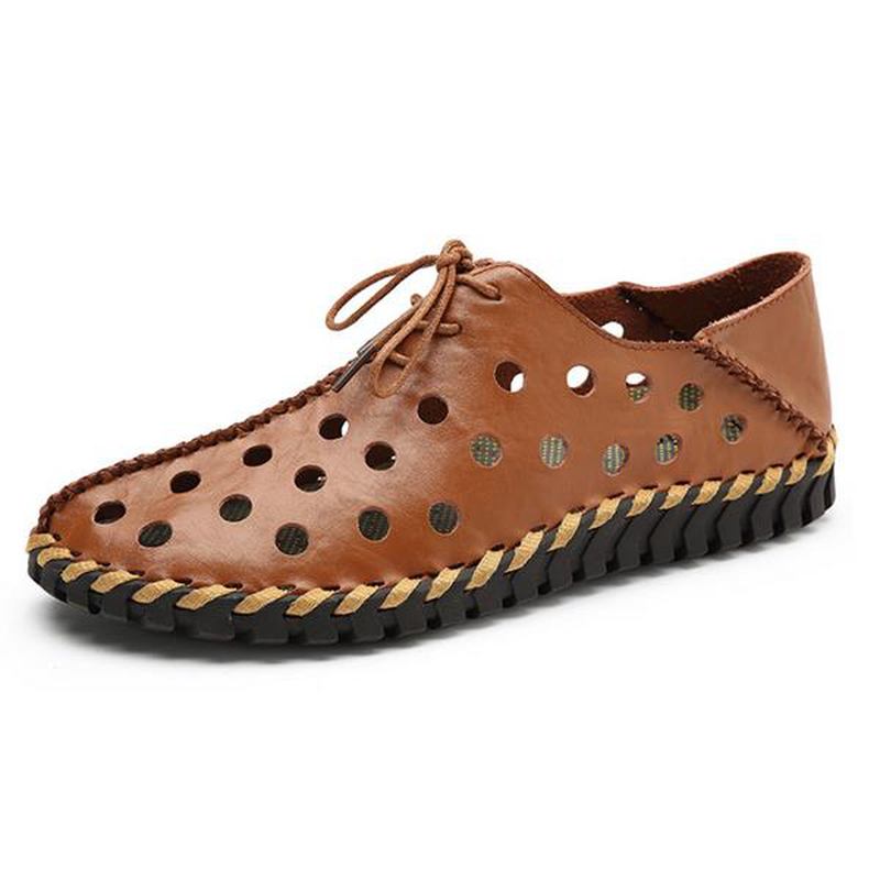 Män Casual Handsömmar Hollow Outs Äkta Läder Oxfords