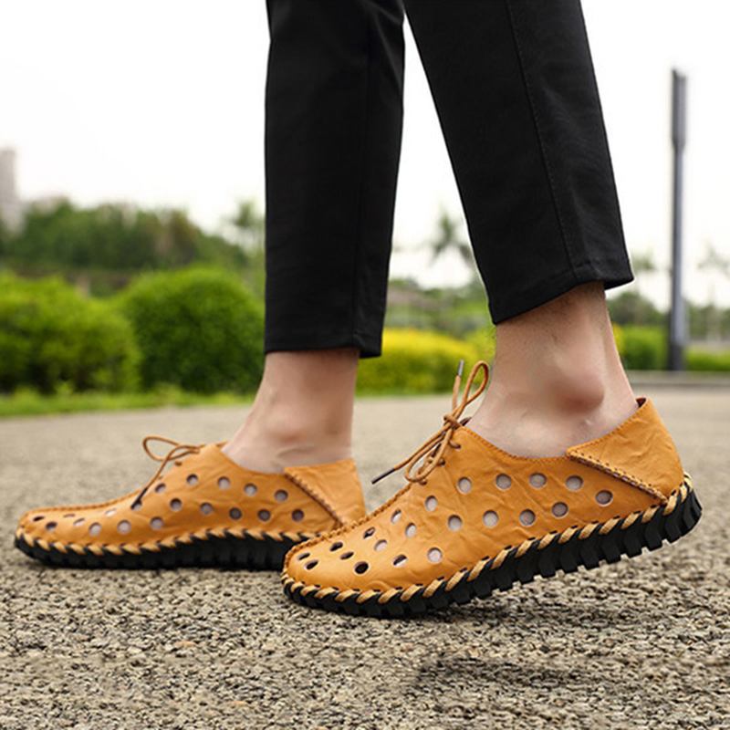 Män Casual Handsömmar Hollow Outs Äkta Läder Oxfords