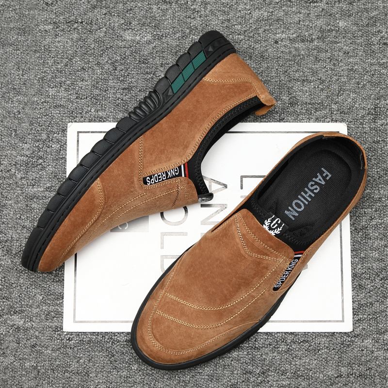 Män Grisskinn Lädersömmar Halkfri Rund Tå Lazy Slip-on Loafers Skor