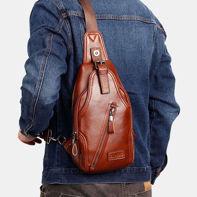 Första Lager Nötskinn För Män Stor Kapacitet Rygg Stöldskyddande Dragkedja Bröstväska Crossbody Axelväska