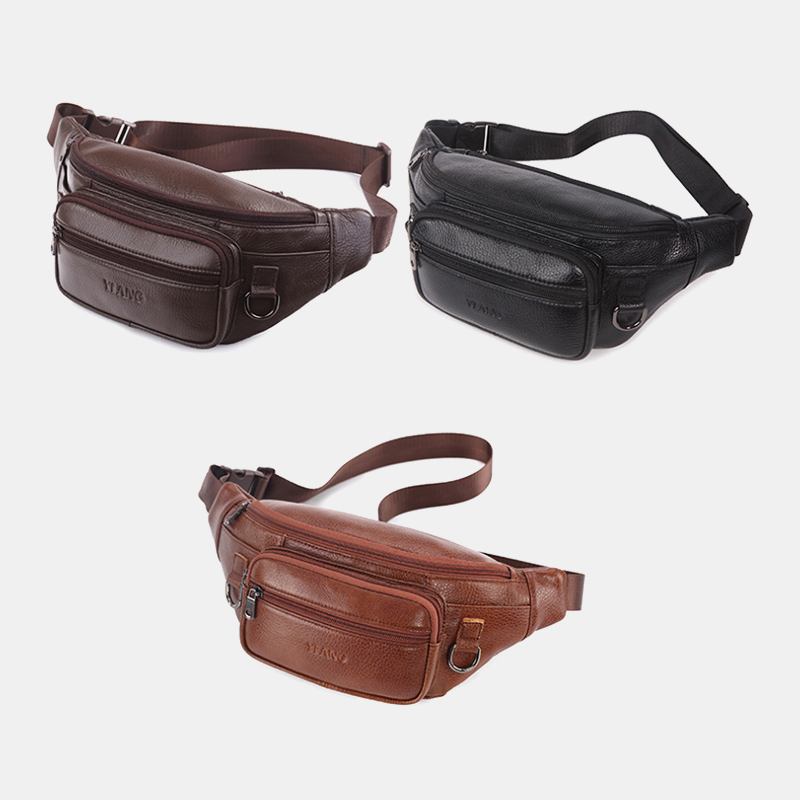 Män Äkta Läder Enfärgad Multi-carry Crossbody-väska Bröstväska Bältesväska Midjeväska