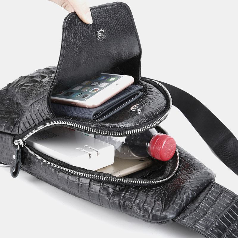Män Äkta Läder Krokodilmönster Med Stor Kapacitet Vintage 6.5 Tums Bröstväskor Crossbody-väska Axelväska