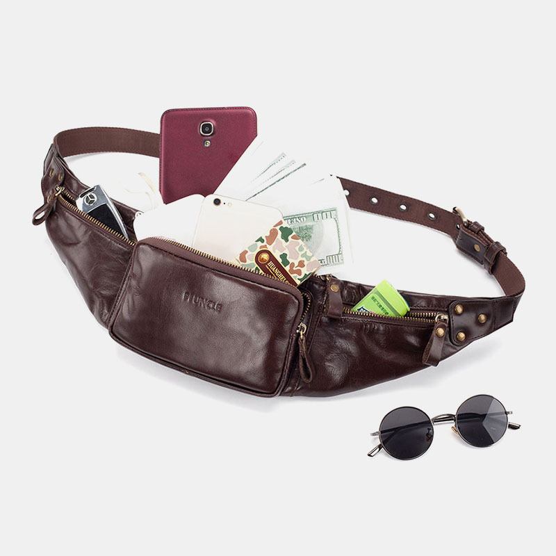 Män Äkta Läder Retro Sport Utomhus Multi-carry Bröstväska Sling Bag Crossbody Bag Midjeväska