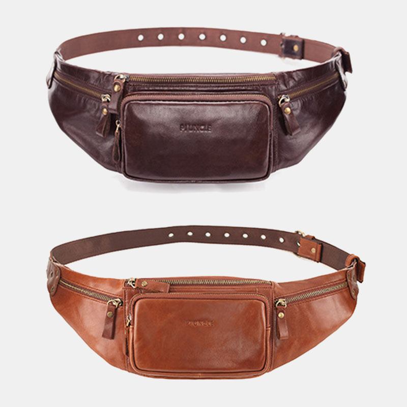 Män Äkta Läder Retro Sport Utomhus Multi-carry Bröstväska Sling Bag Crossbody Bag Midjeväska