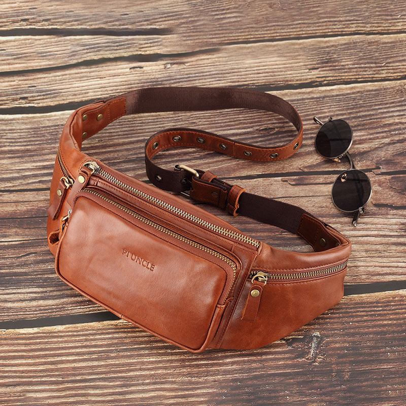 Män Äkta Läder Retro Sport Utomhus Multi-carry Bröstväska Sling Bag Crossbody Bag Midjeväska
