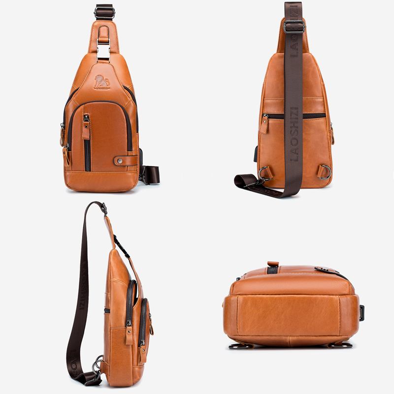 Män Kohud Multi-pocket Usb Laddning Bröstväska Outdoor Travel Anti-theft Crossbody Axelväska