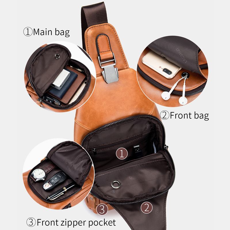 Män Kohud Multi-pocket Usb Laddning Bröstväska Outdoor Travel Anti-theft Crossbody Axelväska
