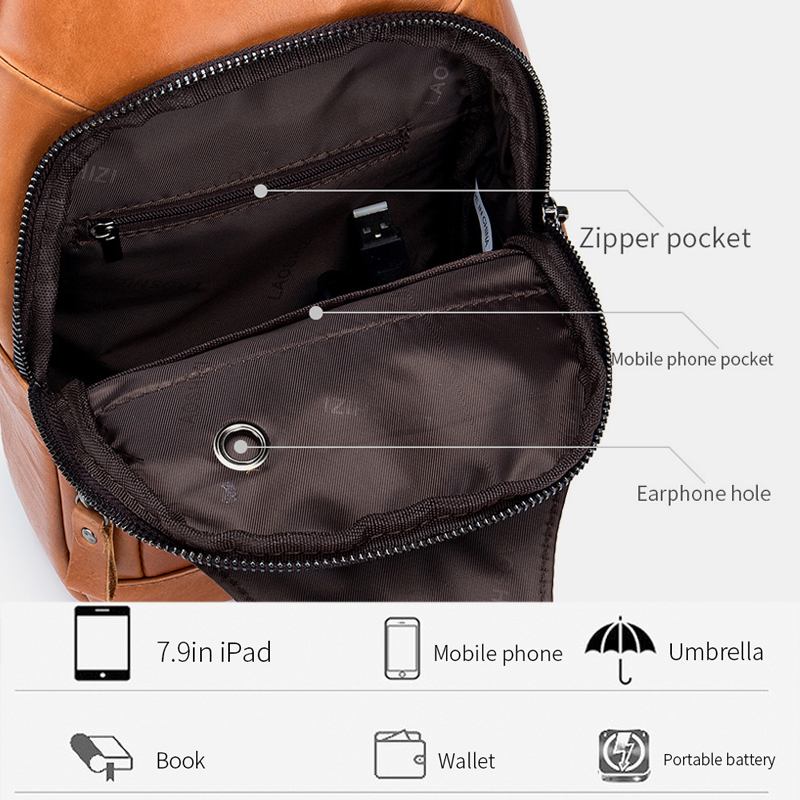 Män Kohud Multi-pocket Usb Laddning Bröstväska Outdoor Travel Anti-theft Crossbody Axelväska