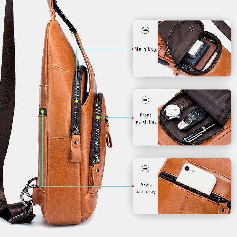 Män Kohud Multi-pocket Usb Laddning Bröstväska Outdoor Travel Anti-theft Crossbody Axelväska