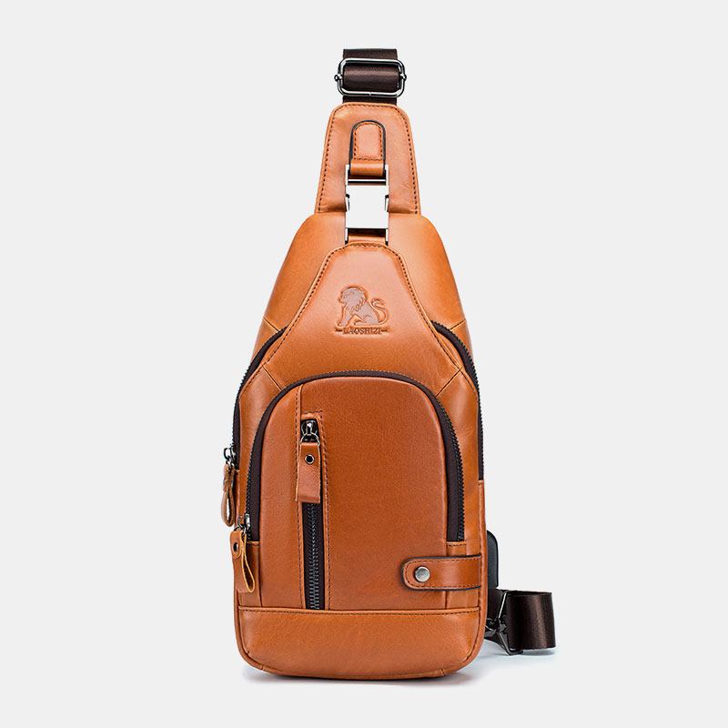 Män Kohud Multi-pocket Usb Laddning Bröstväska Outdoor Travel Anti-theft Crossbody Axelväska
