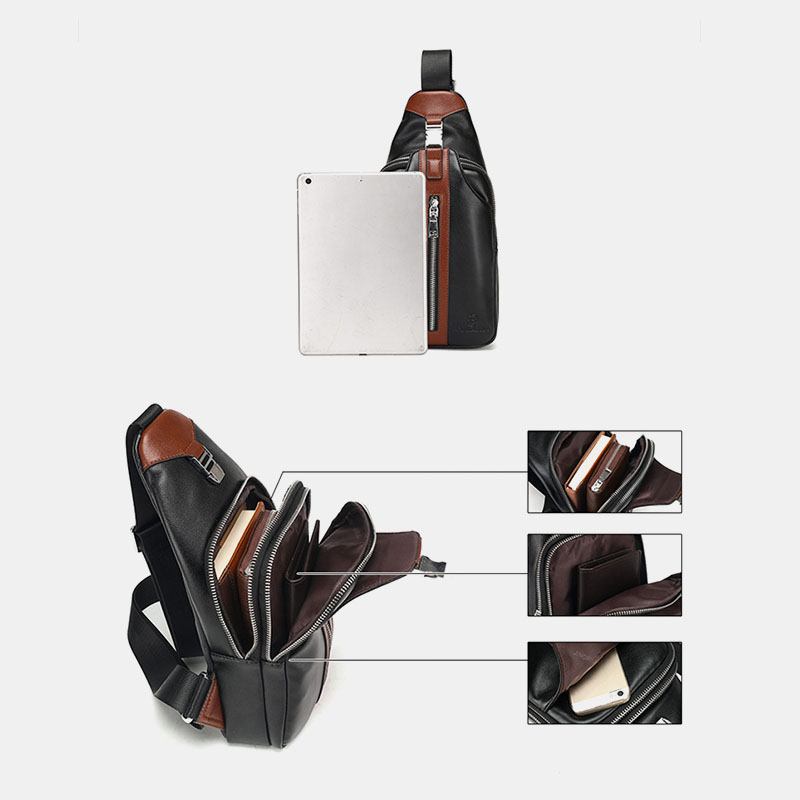 Män Pu-läder Multi-pocket Stor Kapacitet Vattentät Sport Bröstväskor Crossbody Bag Axel