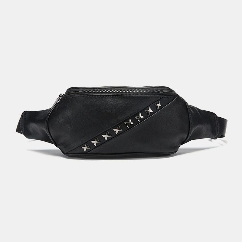 Män Pu-läder Multifunktion Stöldskydd Midjeväska All-match Nit Dekorera Vattentät Bröstväska Crossbody-väska