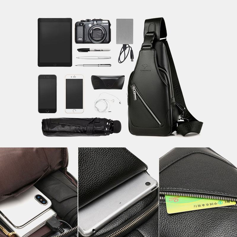 Män Pu Läder Usb Laddning Vattentät Hörlurar Hål Business Crossbody Bag Bröstväska Sling Bag