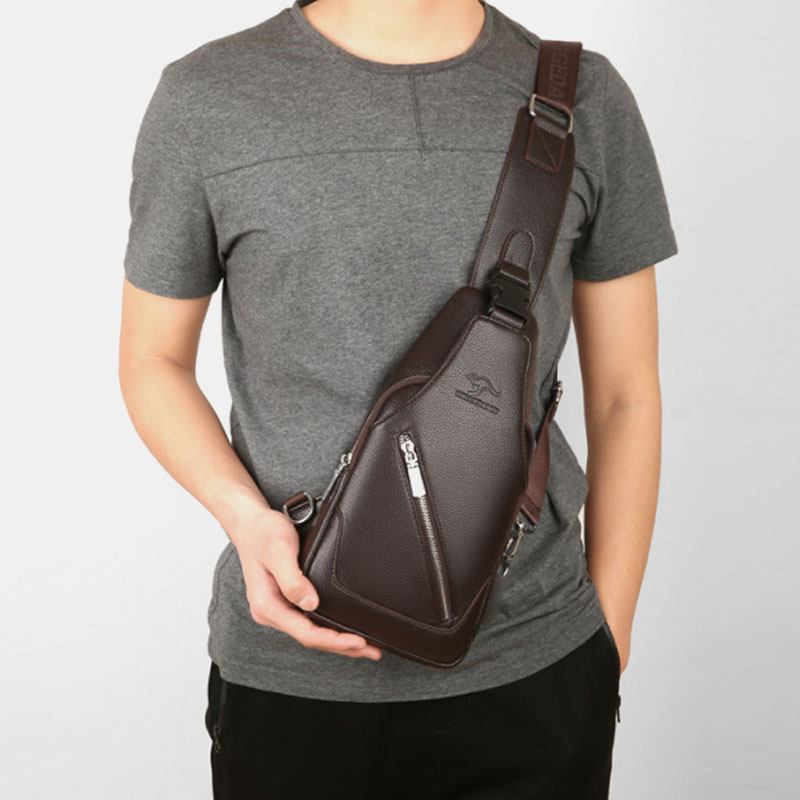 Män Pu Läder Usb Laddning Vattentät Hörlurar Hål Business Crossbody Bag Bröstväska Sling Bag
