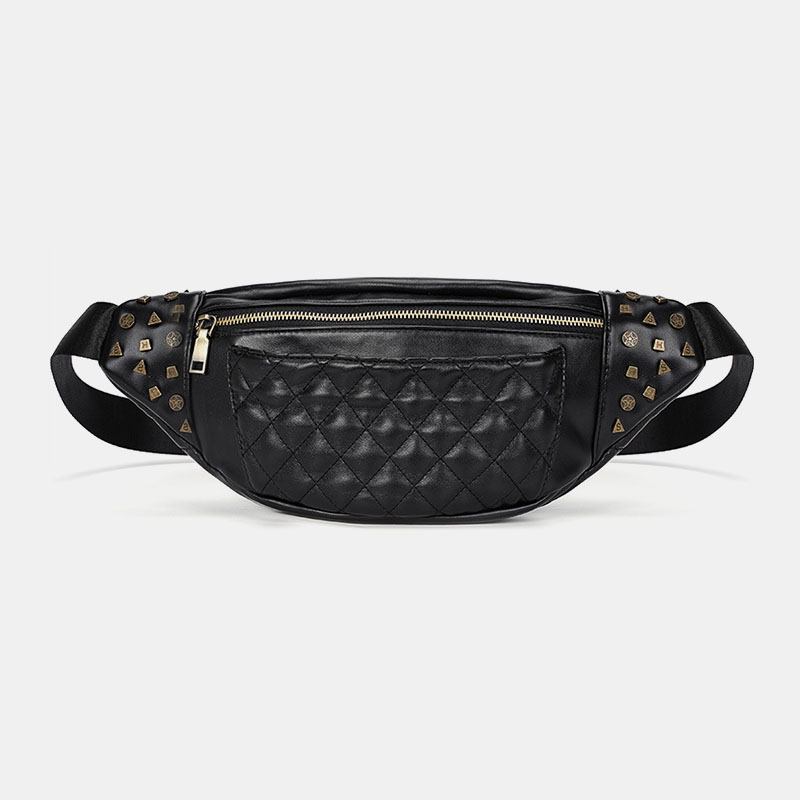 Män Pu-lädernitar Dekorera Rhombus-sömmar Vattentät Bröstväska Stor Kapacitet Crossbody-axelväska