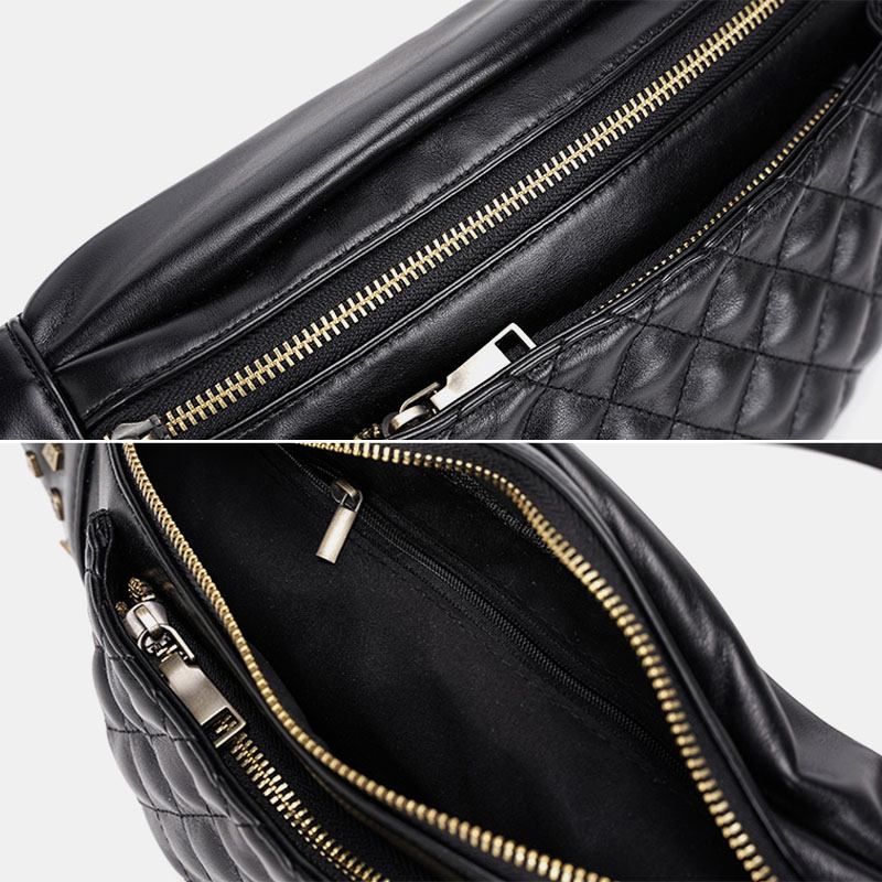 Män Pu-lädernitar Dekorera Rhombus-sömmar Vattentät Bröstväska Stor Kapacitet Crossbody-axelväska