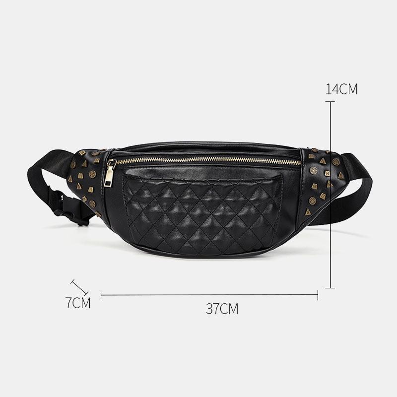 Män Pu-lädernitar Dekorera Rhombus-sömmar Vattentät Bröstväska Stor Kapacitet Crossbody-axelväska