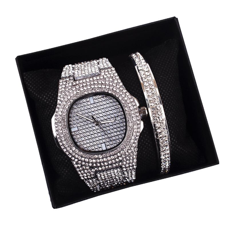 2st/set Lyxmode Kvinnor Armbandsur Set Bling Inlagd Rhinestone Quartz Watch Smycken Present