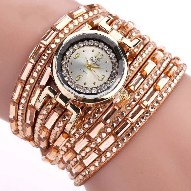 Crystal Casual Style Damarmband Watch Gold Case Quartz Movement Watches
