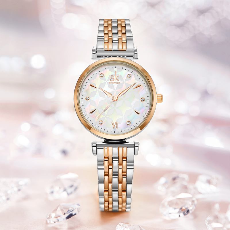 Crystal Dial Blommönster Rostfritt Stål Damklänning Kvinnor Kvartsklocka