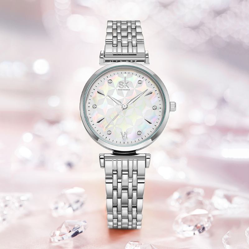 Crystal Dial Blommönster Rostfritt Stål Damklänning Kvinnor Kvartsklocka