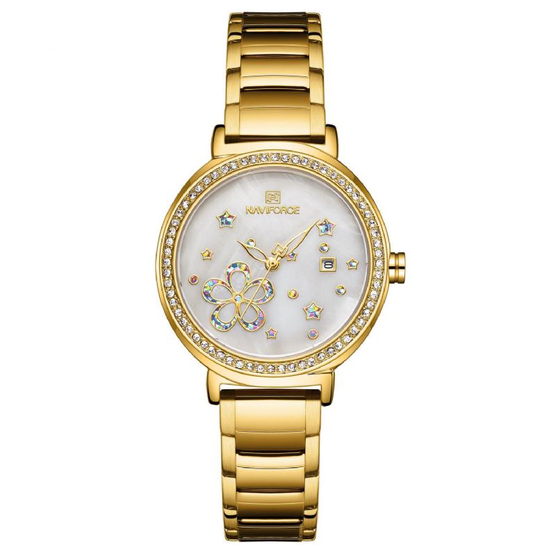 Datum Display Full Steel Damarmbandsur Kristall Klassisk Design Quartz Watch