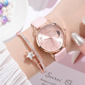 Elegant Lyx 2st Klocksats Damarmband Kvartsklocka Moon Starry Dial Läderrem Dampresent