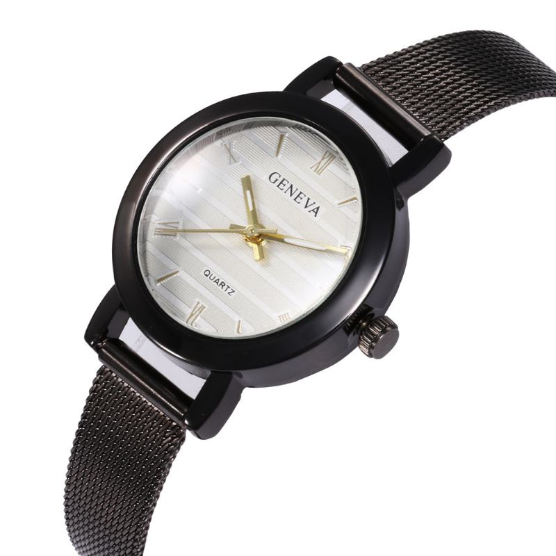 Enkel Romersk Skala Mesh Stålrem Mode Damklocka Quartz Watch