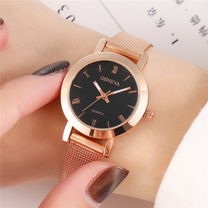 Enkel Romersk Skala Mesh Stålrem Mode Damklocka Quartz Watch