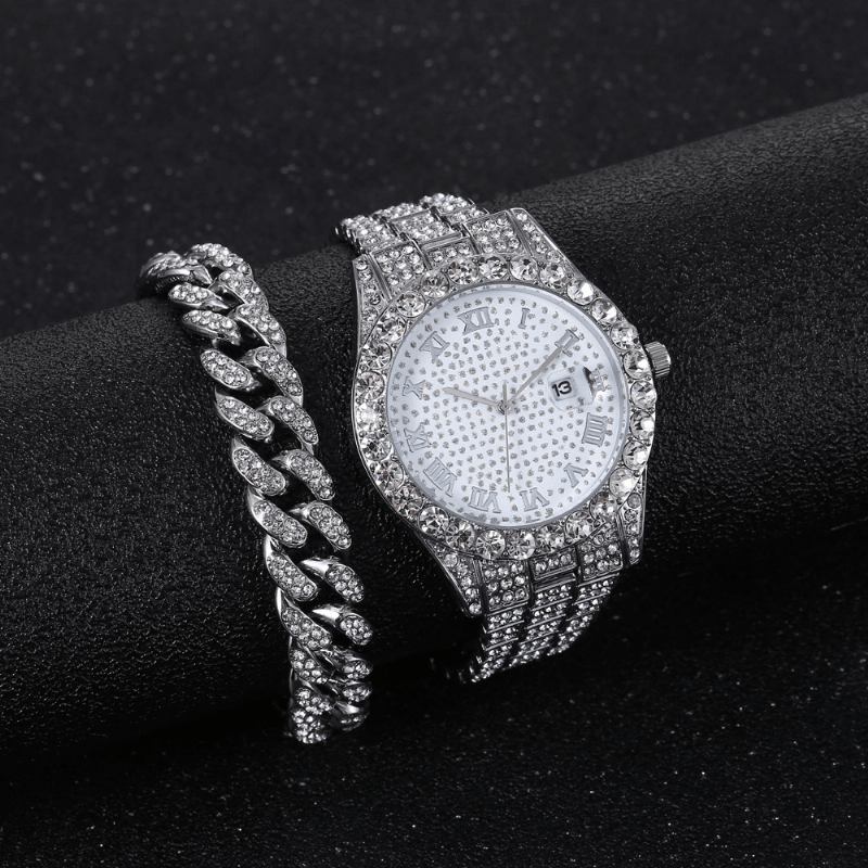 Hip Hop Lyx 2 St Hip-hop Kedja Full Diamond Watch Armband Lady Quartz Watch