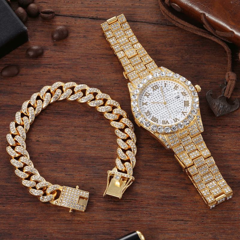 Hip Hop Lyx 2 St Hip-hop Kedja Full Diamond Watch Armband Lady Quartz Watch