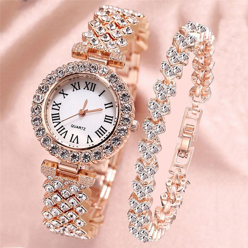 Klock Set Lyx Elegant Stil Kvinnor Quartz Watch Diamant-dubbade Armband För Mödrar Flickvän Damer