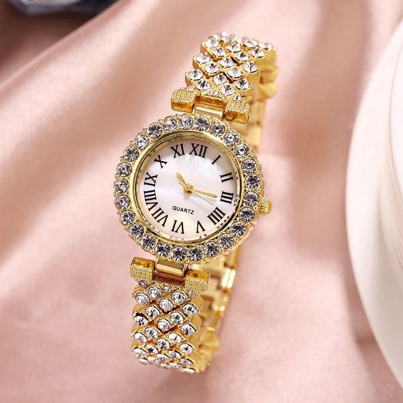 Klock Set Lyx Elegant Stil Kvinnor Quartz Watch Diamant-dubbade Armband För Mödrar Flickvän Damer