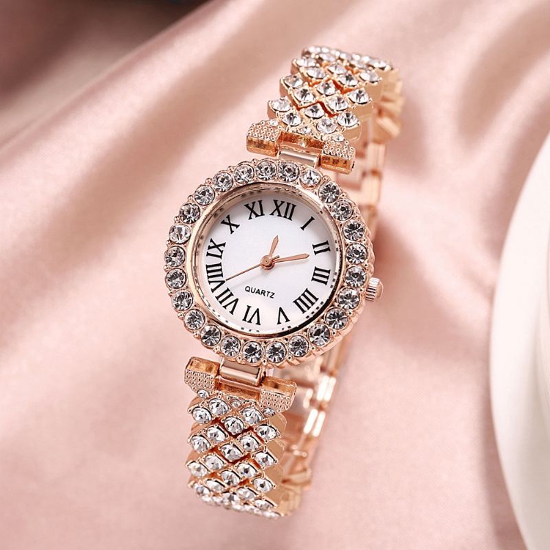 Klock Set Lyx Elegant Stil Kvinnor Quartz Watch Diamant-dubbade Armband För Mödrar Flickvän Damer