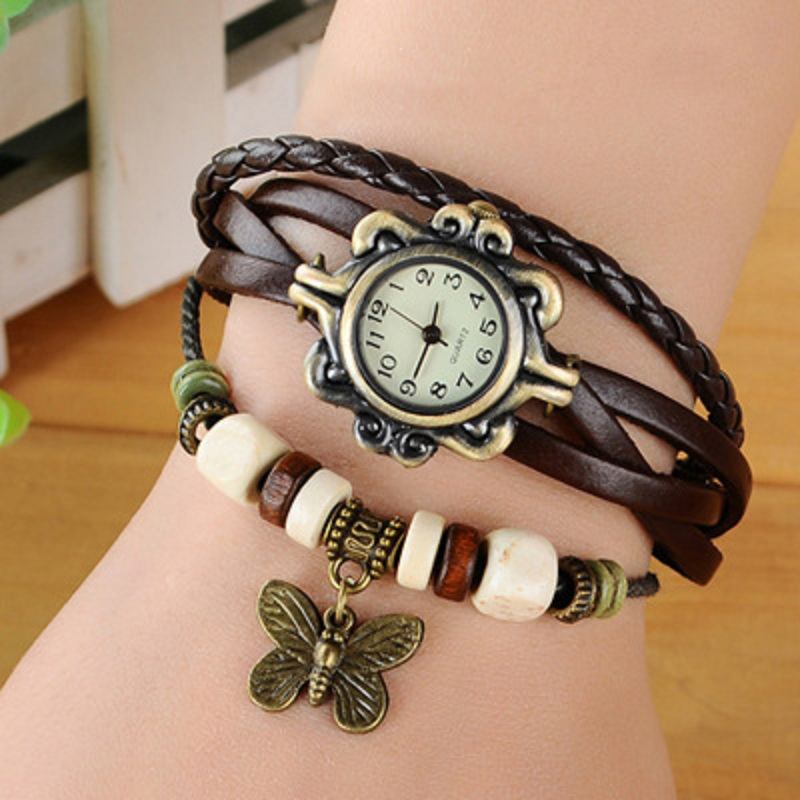 Kvinnor Casual Vintage Multilayer Butterfly Faux Läder Armband Quartz Watch