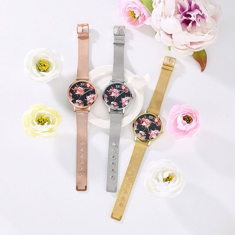 Mesh Stålband Casual Style Damarmbandsur Blommor Elegant Design Quartz Watch