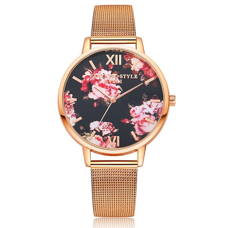 Mesh Stålband Casual Style Damarmbandsur Blommor Elegant Design Quartz Watch