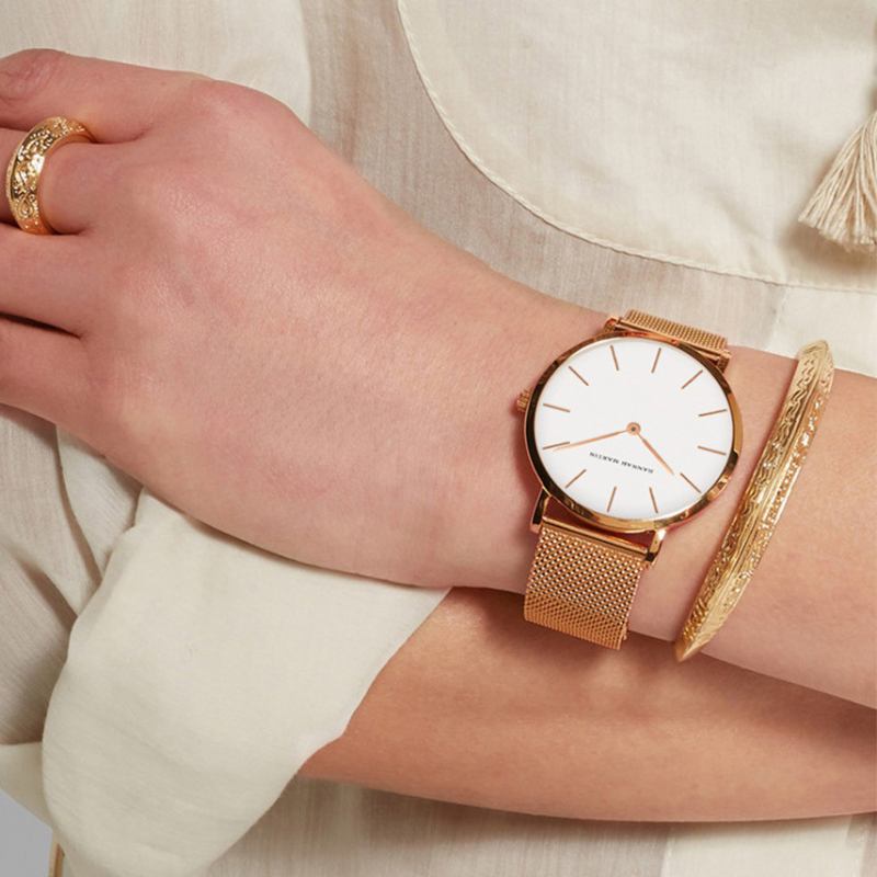 Mode Casual Enkel Big Dial Steel Mesh Rem Vattentät Kvinnor Quartz Watch